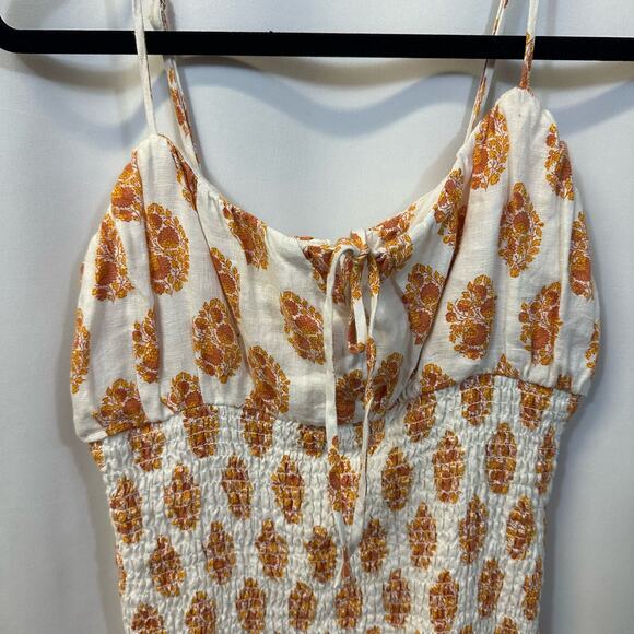 J. Crew 100% Linen Floral Print Summer Dress White Yellow Smocked 6 - Picture 7 of 8